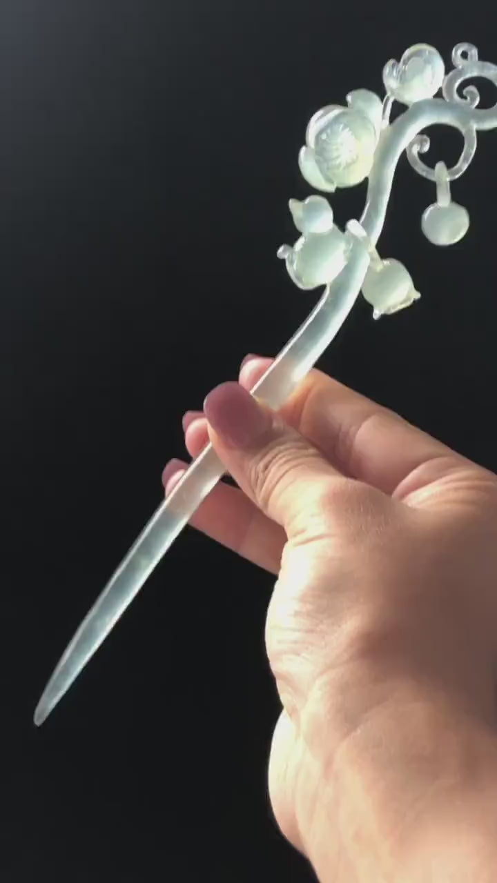 Xiu Jade Serpentine Hand Carved Cat & Flower Hair Pin with Dangle | Certified Ice White Jade Hair Stick