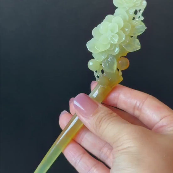 Xiu Jade Peach Blossom Flower Hand Carved Hair Pin: Certified Natural Serpentine Multicolor Orange White Green Jade Handcrafted Hair Stick
