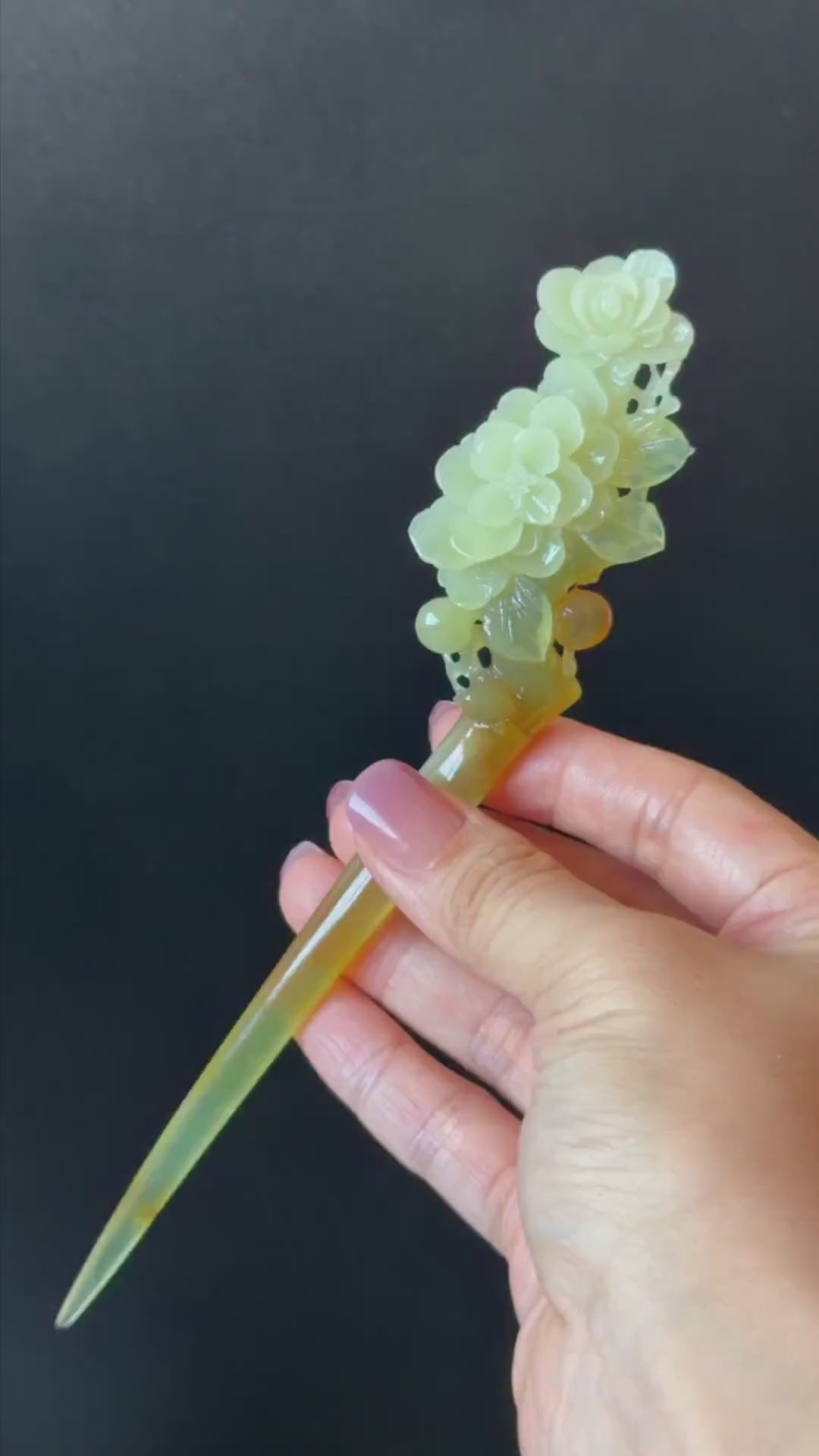 Xiu Jade Peach Blossom Flower Hand Carved Hair Pin: Certified Natural Serpentine Multicolor Orange White Green Jade Handcrafted Hair Stick
