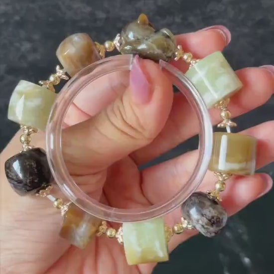 Nephrite Jade Hand Carved Kitten Charm Bracelet | Cookies Cat | Untreated Natural White Jade Brown Jade Elastic Big Bead Bracelet Gift
