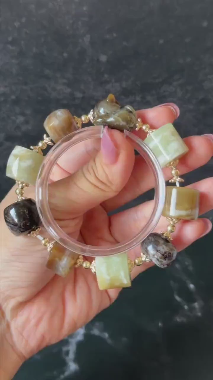 Nephrite Jade Hand Carved Kitten Charm Bracelet | Cookies Cat | Untreated Natural White Jade Brown Jade Elastic Big Bead Bracelet Gift