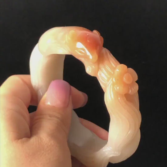48-70mm! Custom Size Quartzite SheTaiCui Jade Hand Carved Nine-tailed Fox Flower Stone Bangle: Natural Handcraft Milky Coral Sands Bracelet