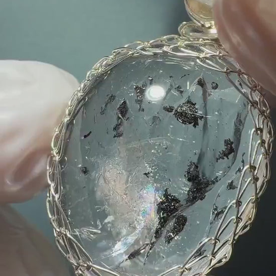 Polished Rainbow Enhydro Quartz (Herkimer Diamond) Wire Wrapped Pendant Adjustable Necklace: Moving Sand & Water Bubble Inclusion Crystal