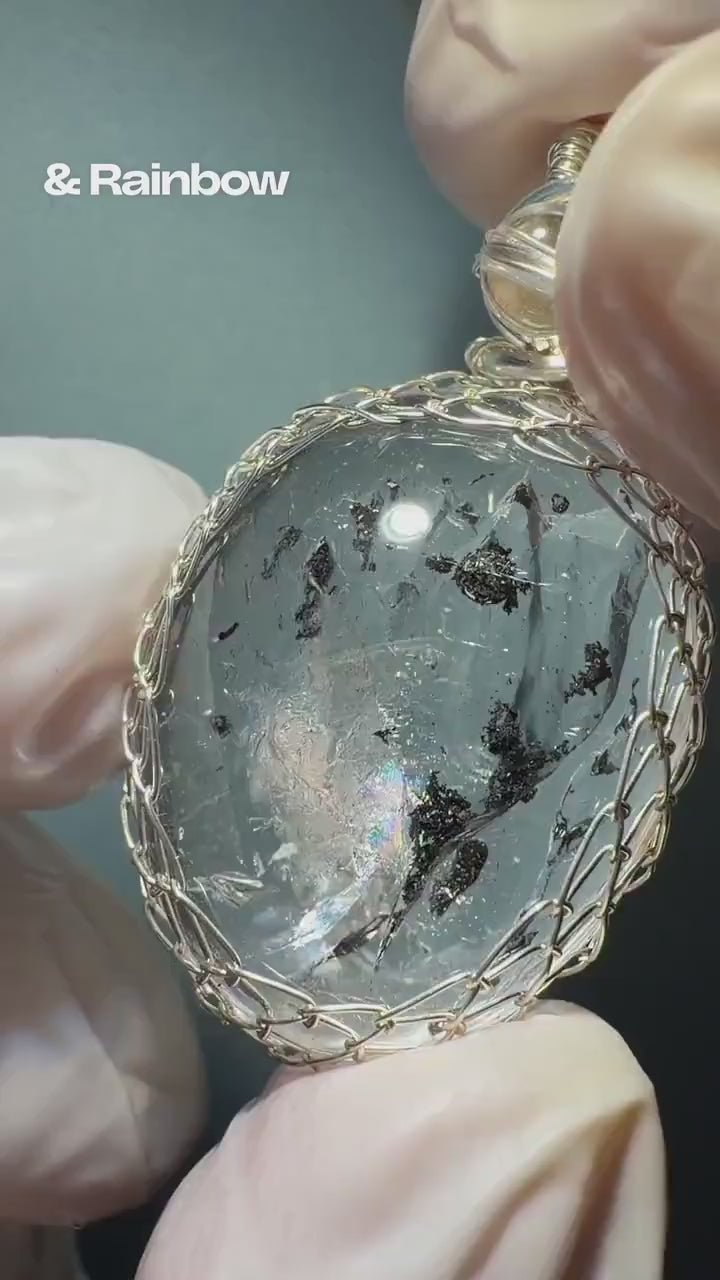 Polished Rainbow Enhydro Quartz (Herkimer Diamond) Wire Wrapped Pendant Adjustable Necklace: Moving Sand & Water Bubble Inclusion Crystal