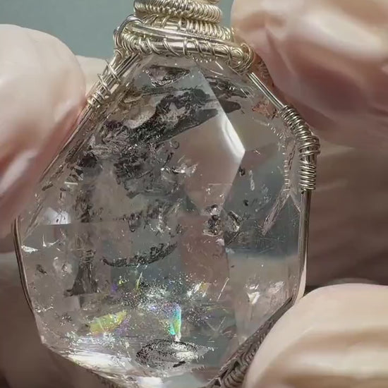 Polished Rainbow Enhydro Quartz (Herkimer Diamond) Wire Wrapped Pendant Adjustable Choker Necklace: Moving Sand Inclusion Crystal