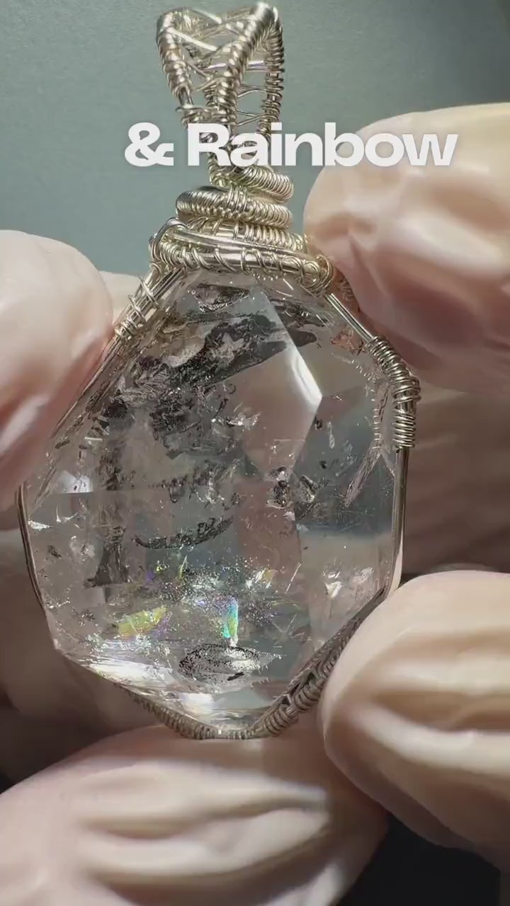 Polished Rainbow Enhydro Quartz (Herkimer Diamond) Wire Wrapped Pendant Adjustable Choker Necklace: Moving Sand Inclusion Crystal