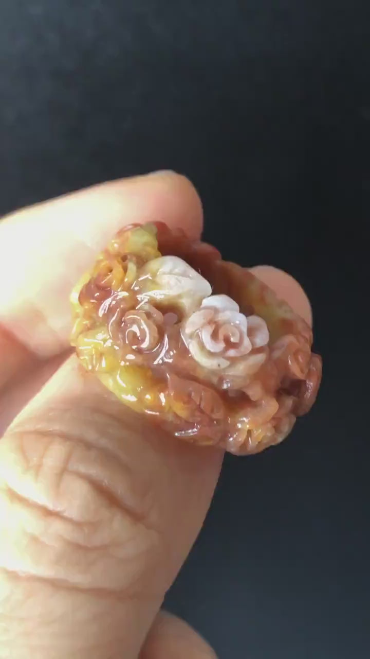 Natural Serpentine Xiu Jade Hand Craved Rose Flowers Stone Crystal Ring | Multi-colour Red Pink Yellow Orange | 16.3mm (US 5.5-6)