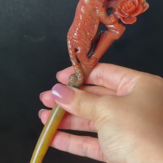 Make to Order! Xiu Jade (Serpentine) Hand Carved Tiger & Rose Hair Pin: Certified Natural Handcrafted Red Jade Hair Stick 3D Stone Carving