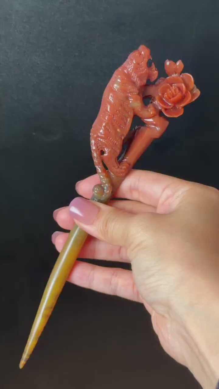 Make to Order! Xiu Jade (Serpentine) Hand Carved Tiger & Rose Hair Pin: Certified Natural Handcrafted Red Jade Hair Stick 3D Stone Carving