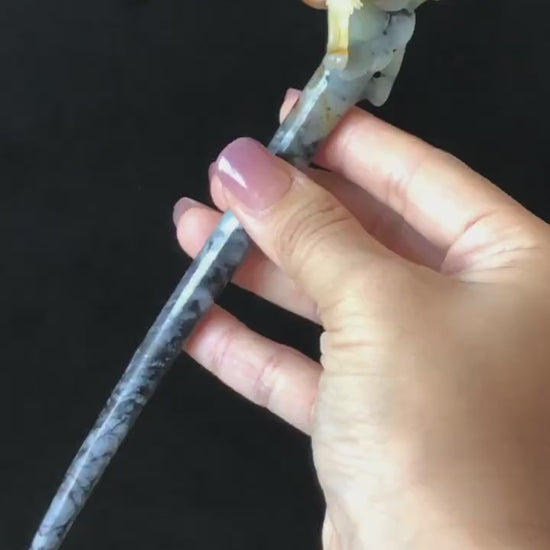 Xiu Jade Serpentine Hand Carved Crane Bird, Pine Tree & Sun Hair Pin: Certified Natural Gray Red White Jade Hair Stick