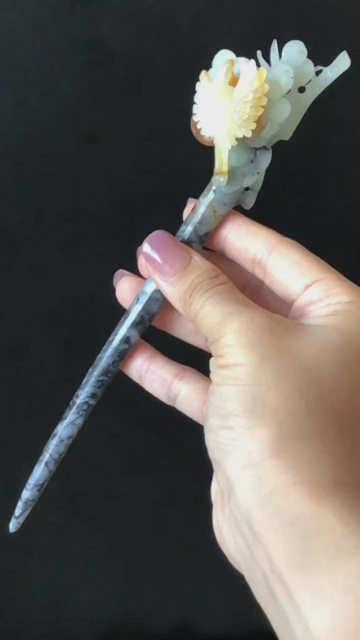 Xiu Jade Serpentine Hand Carved Crane Bird, Pine Tree & Sun Hair Pin: Certified Natural Gray Red White Jade Hair Stick