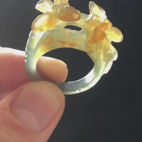 Natural Xiu Jade Serpentine Hand Carved Osmanthus fragrans Flower Ring | 17.3mm (US 7-7.5) | Green & Yellow | Crystal Stone Gemstone Ring