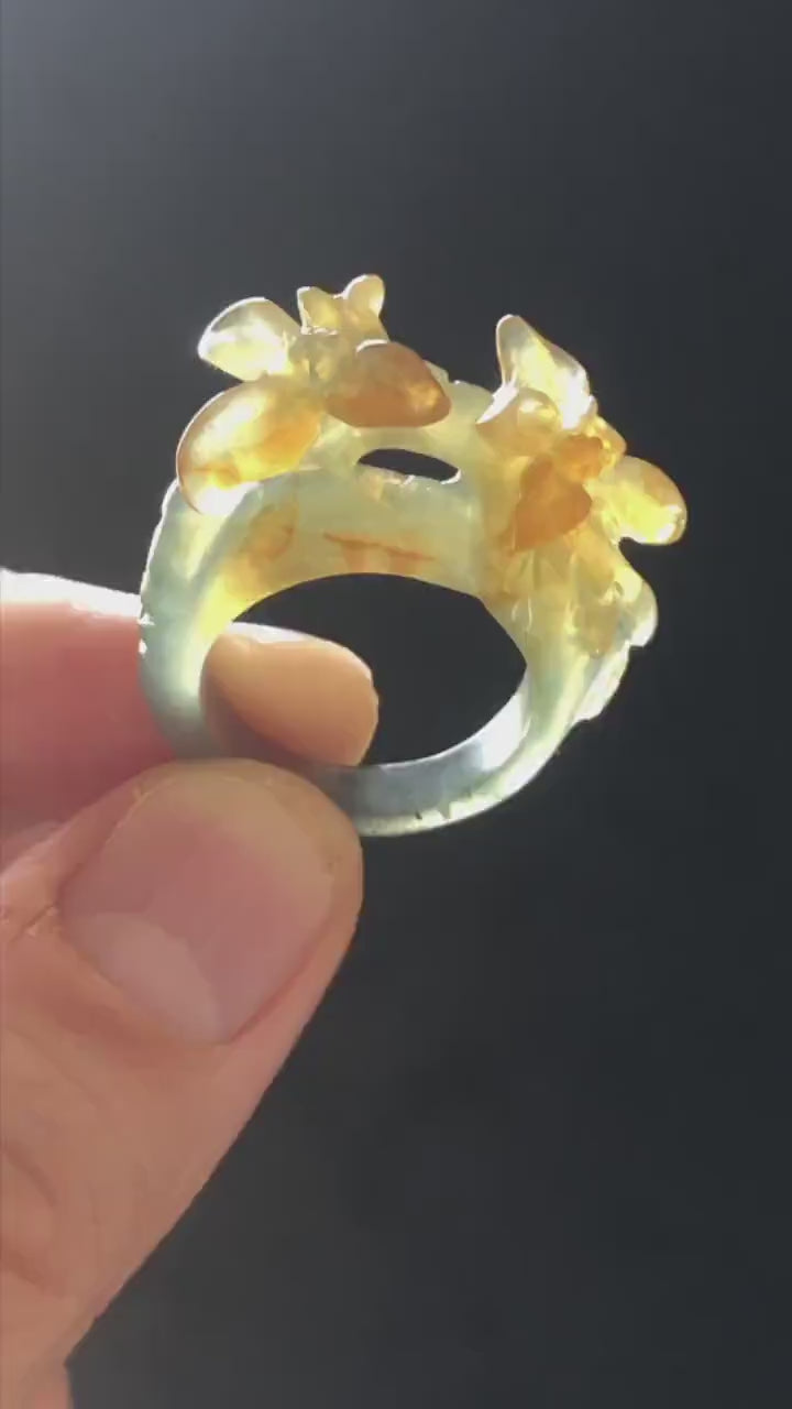 Natural Xiu Jade Serpentine Hand Carved Osmanthus fragrans Flower Ring | 17.3mm (US 7-7.5) | Green & Yellow | Crystal Stone Gemstone Ring