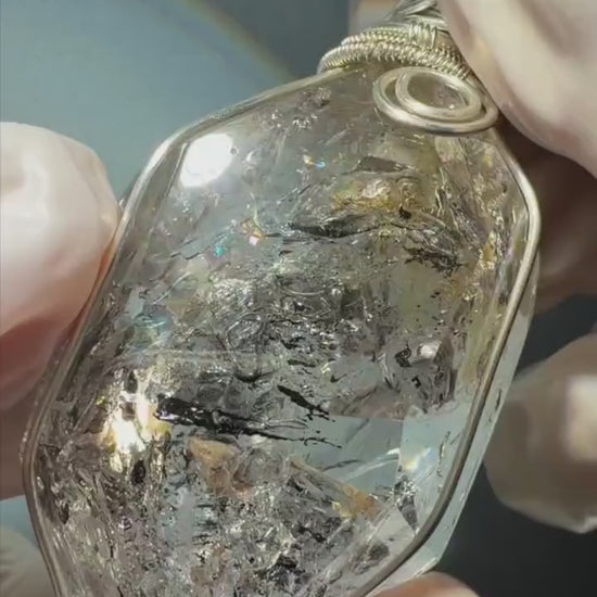 Polished Enhydro Quartz (Herkimer Diamond) Pendant Necklace: Rainbow! Moving Ink-like Sand Waterfall, Shifting Big Bubble & Yellow Hematoid