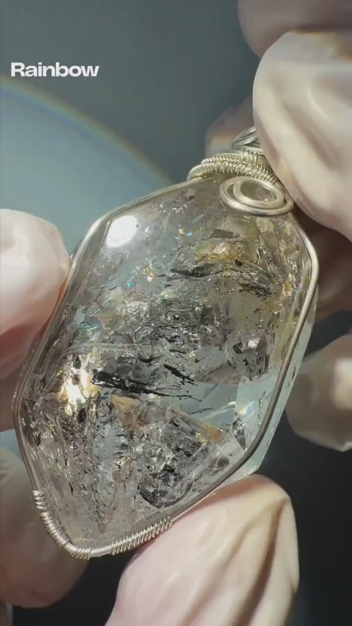 Polished Enhydro Quartz (Herkimer Diamond) Pendant Necklace: Rainbow! Moving Ink-like Sand Waterfall, Shifting Big Bubble & Yellow Hematoid