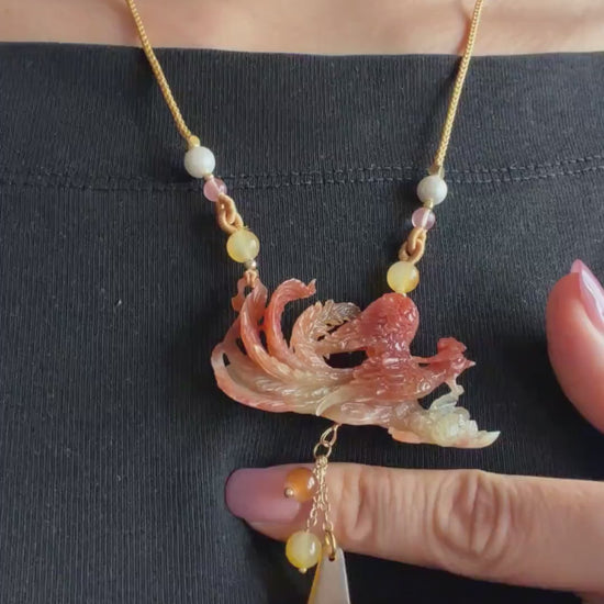 Xiu Jade Fire Phoenix & Peony Hand Carved Pendant Adjustable Necklace Dangle Choker: Natural Serpentine Yellow Red Jade handcrafted Charm