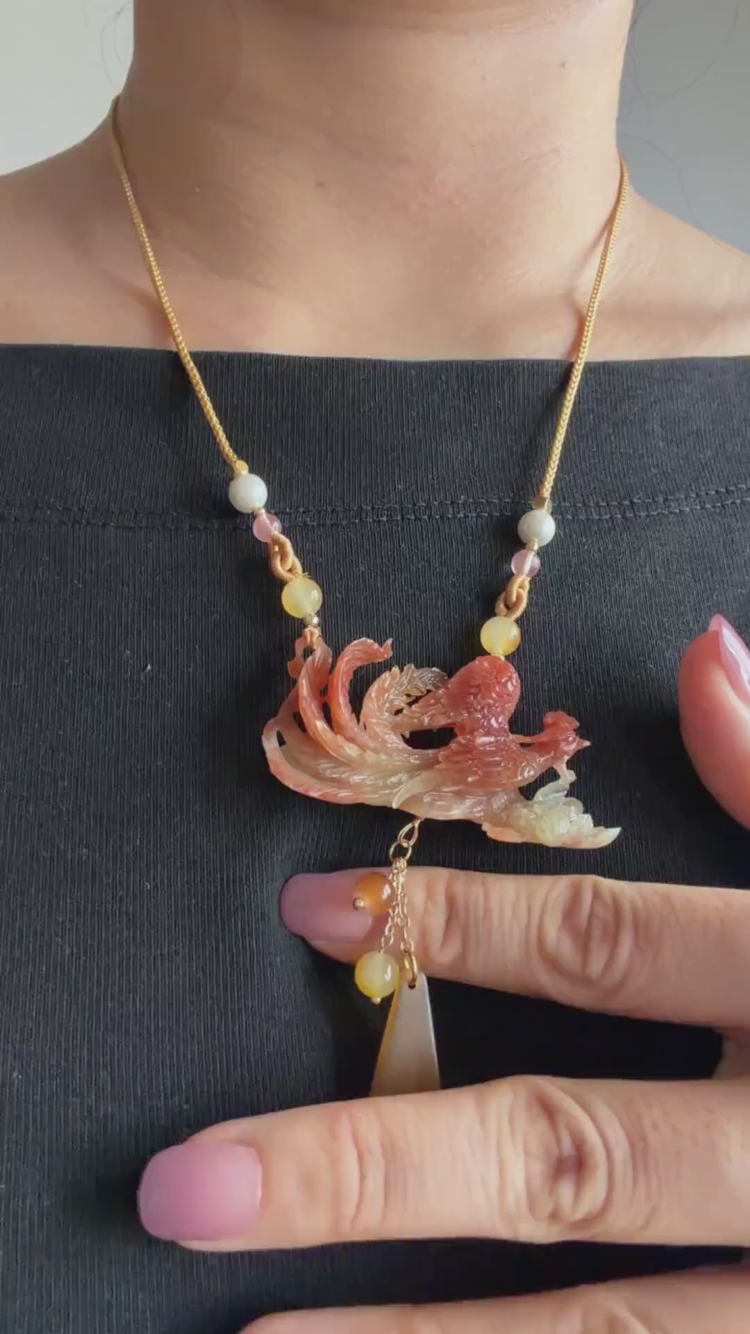 Xiu Jade Fire Phoenix & Peony Hand Carved Pendant Adjustable Necklace Dangle Choker: Natural Serpentine Yellow Red Jade handcrafted Charm