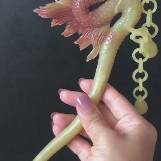 Certified Natural Xiu Jade Serpentine Hand Carved Soaring Golden Fire Dragon Hair Pin with Dangle | Asian Vintage Gold Red Jade Hair Stick