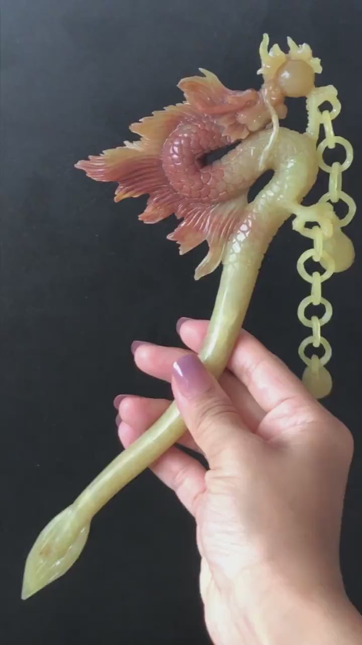Certified Natural Xiu Jade Serpentine Hand Carved Soaring Golden Fire Dragon Hair Pin with Dangle | Asian Vintage Gold Red Jade Hair Stick