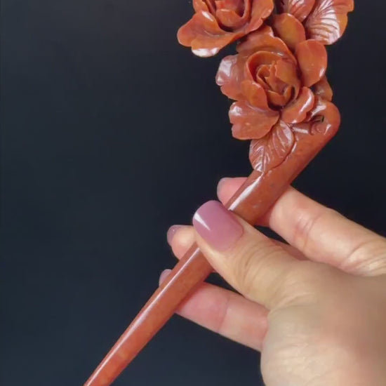 Xiu Jade Serpentine Hand Carved Camellia Flower with Butterfly Hair Stick: Natural Red Jade Handcrafted Vintage Hanfu Hairpin Hair Jewelry