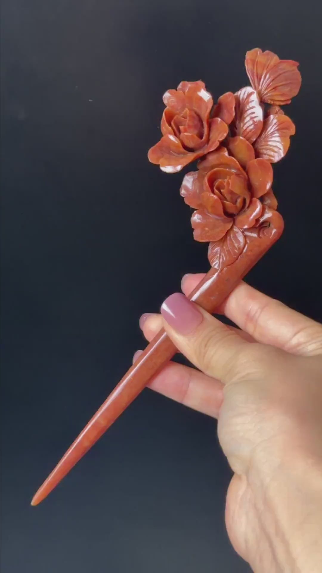 Xiu Jade Serpentine Hand Carved Camellia Flower with Butterfly Hair Stick: Natural Red Jade Handcrafted Vintage Hanfu Hairpin Hair Jewelry