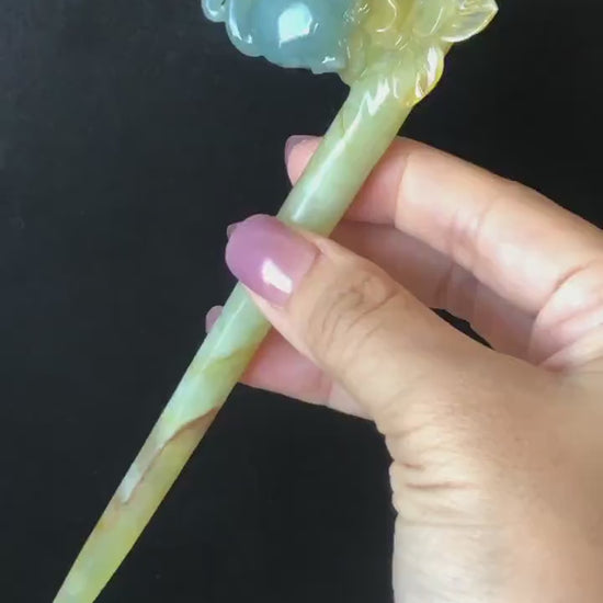 Certified Xiu Jade Serpentine Hand Carved Cat Kitten with Butterfly Hair Pin | Natural Yellow & Blue Jade Handcrafted Flower Hair Stick