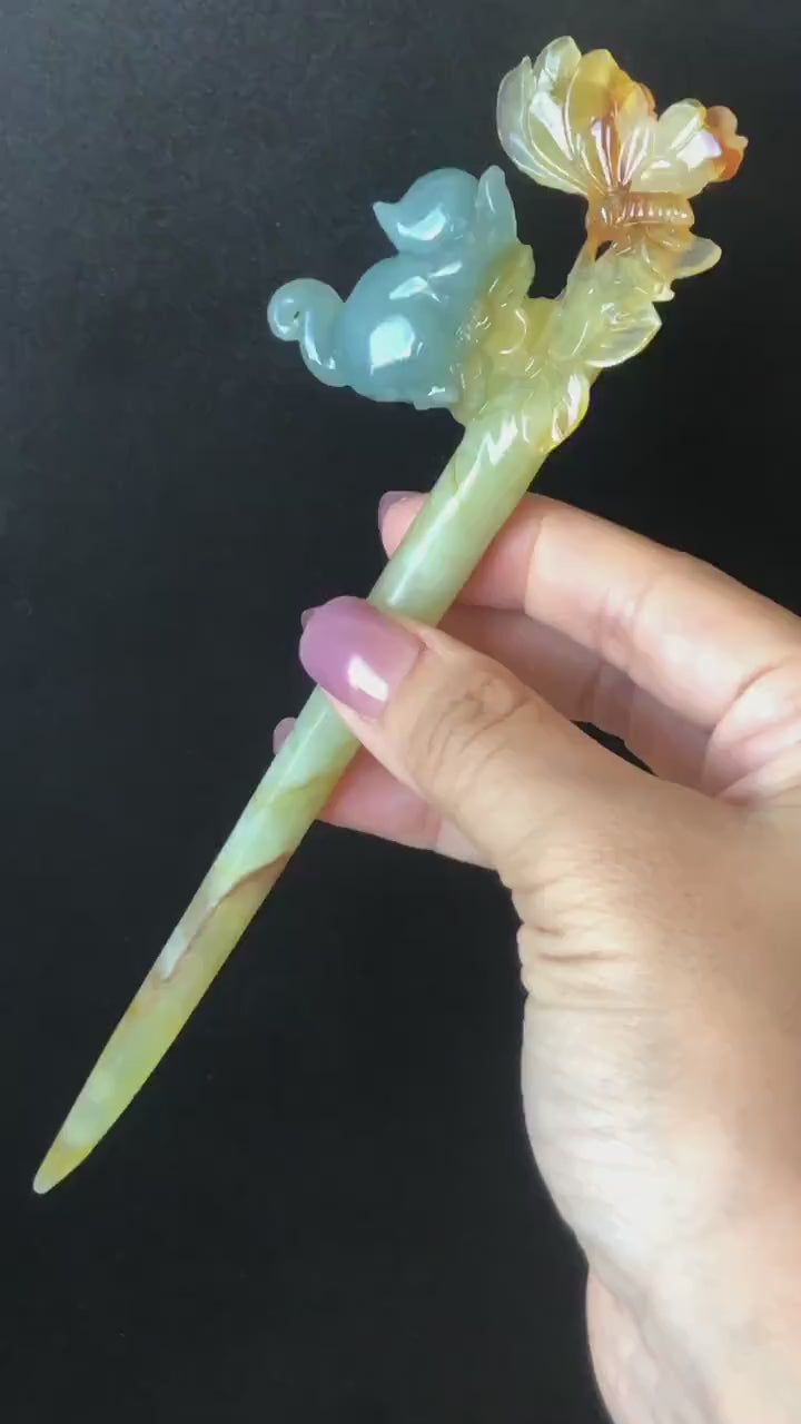 Certified Xiu Jade Serpentine Hand Carved Cat Kitten with Butterfly Hair Pin | Natural Yellow & Blue Jade Handcrafted Flower Hair Stick