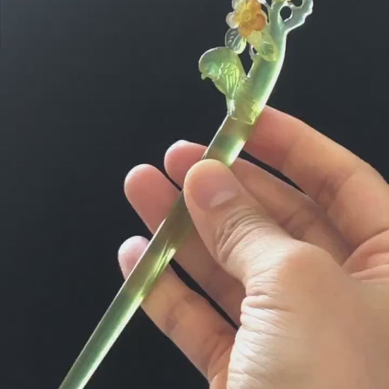 Certificate Natural Xiu Jade (Serpentine) Hand Carved Green Bird & Orange Flower Hair Pin | Jade Hair Stick | Asian Chinese Vintage Style