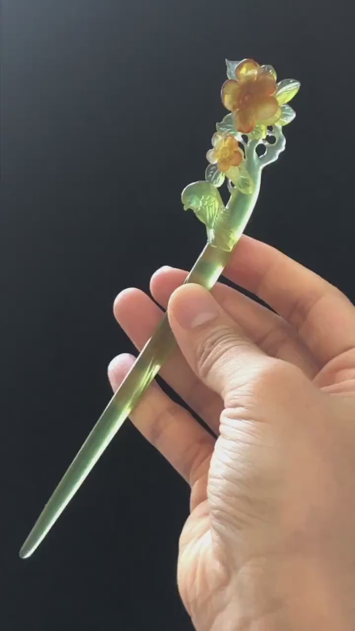 Certificate Natural Xiu Jade (Serpentine) Hand Carved Green Bird & Orange Flower Hair Pin | Jade Hair Stick | Asian Chinese Vintage Style