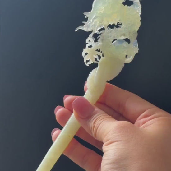 Xiu Jade Soaring Dragon Hand Carved Hair Pin: Natural Serpentine Ice Green White Jade Handcrafted Hanfu Hair Stick Hollow Out Carving Gift