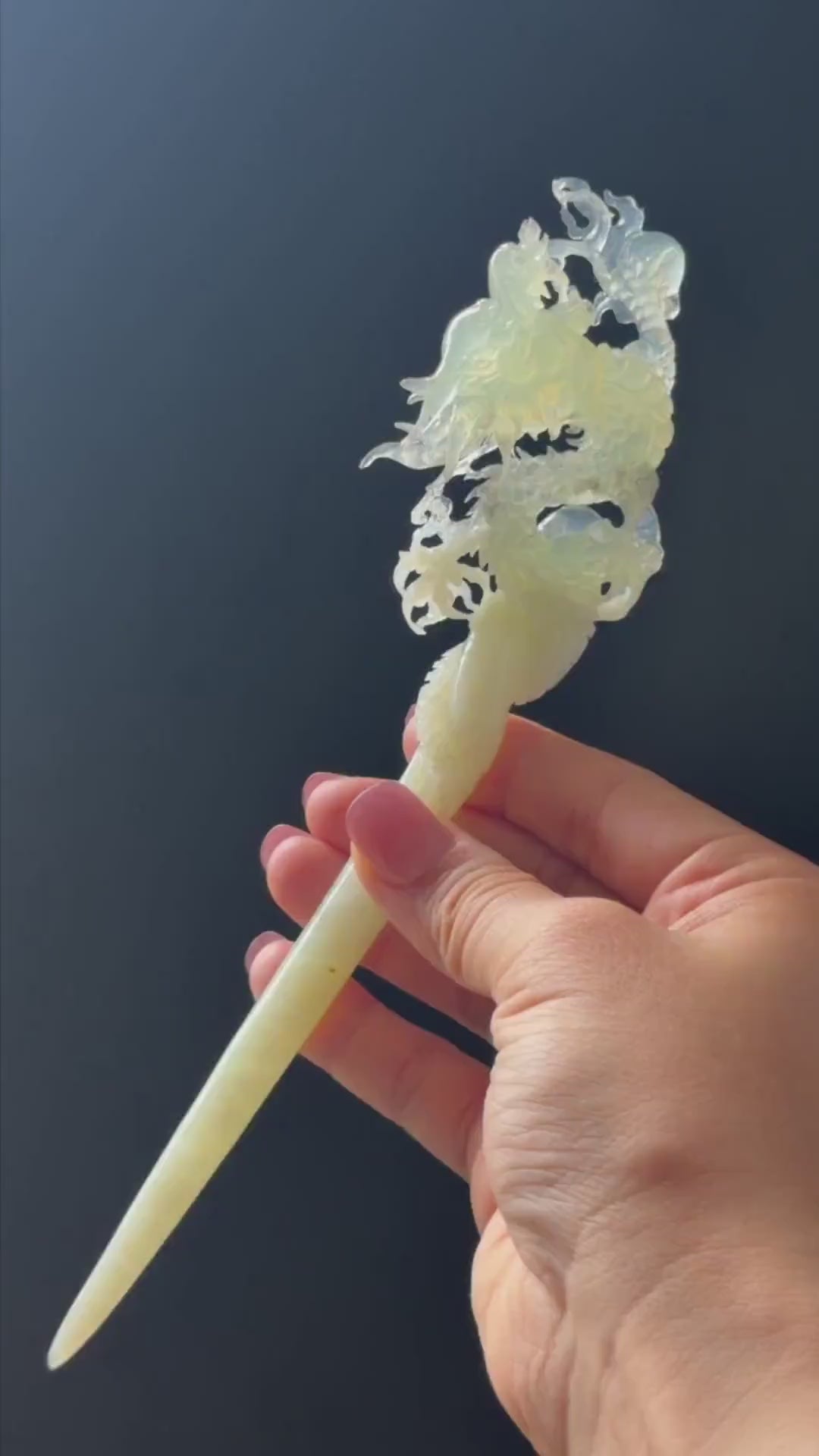 Xiu Jade Soaring Dragon Hand Carved Hair Pin: Natural Serpentine Ice Green White Jade Handcrafted Hanfu Hair Stick Hollow Out Carving Gift