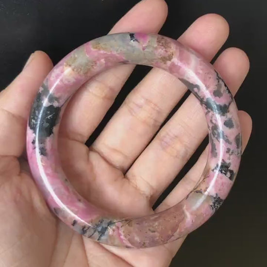 57mm Rhodonite Stone Bangle | Blue, Pink, Brownish Purple, Splashing Black Ink | Vintage Style Crystal Gemstone Bracelet | Healing Stone