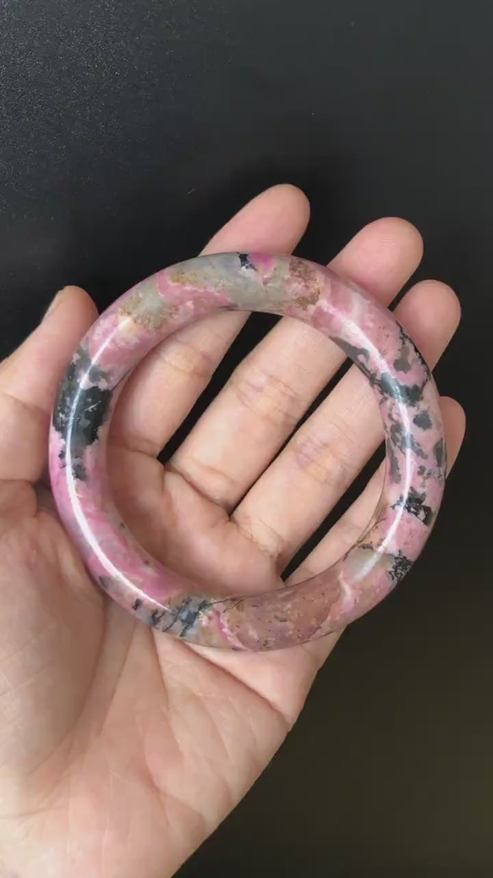 57mm Rhodonite Stone Bangle | Blue, Pink, Brownish Purple, Splashing Black Ink | Vintage Style Crystal Gemstone Bracelet | Healing Stone