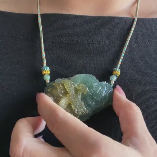 Xiu Jade Dragon & Phoenix Hand Carved Pendant Adjustable Braided Necklace Choker: Natural Yellow Green Jade Serpentine Handcrafted Charm
