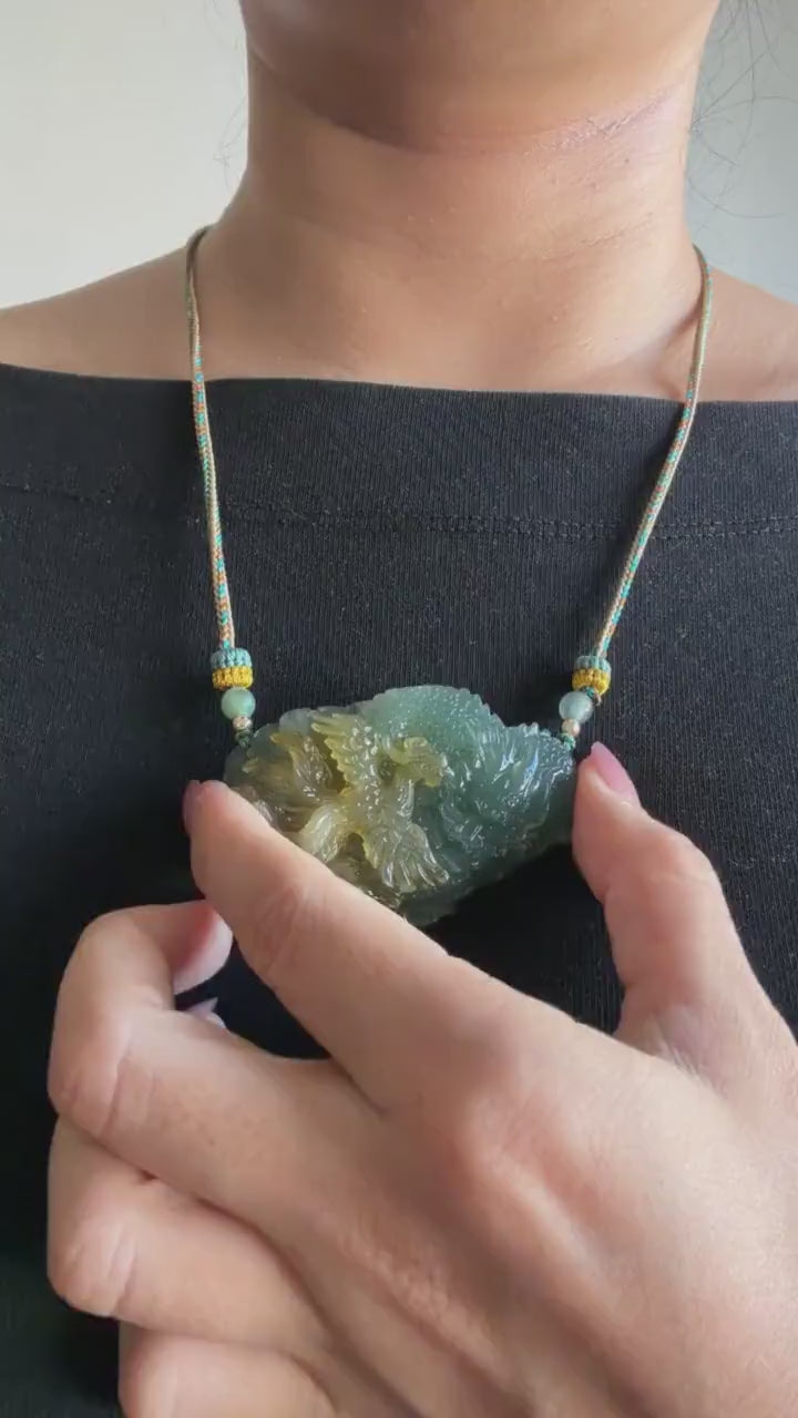Xiu Jade Dragon & Phoenix Hand Carved Pendant Adjustable Braided Necklace Choker: Natural Yellow Green Jade Serpentine Handcrafted Charm