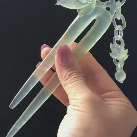 Certificate Natural Xiu Jade Serpentine Hand Carved Lotus Flower Hair Pin Dangle | Ice Green Jade Hair Stick