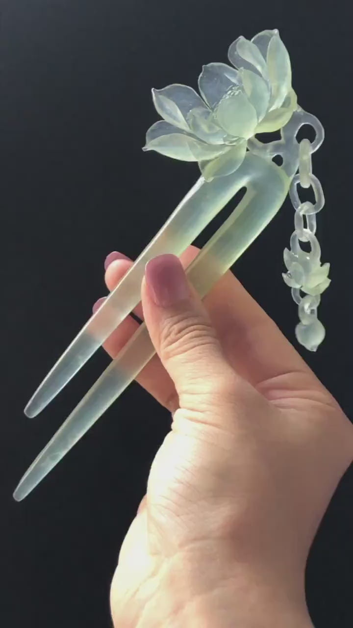 Certificate Natural Xiu Jade Serpentine Hand Carved Lotus Flower Hair Pin Dangle | Ice Green Jade Hair Stick