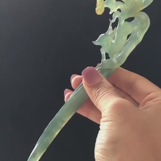 Certified Xiu Jade Serpentine Hand Carved Nine tailed fox Hair Pin | Handcraft Green Yellow Jade