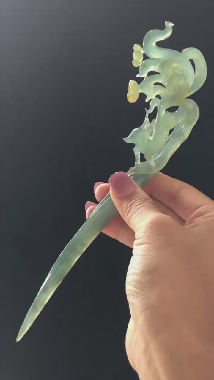 Certified Xiu Jade Serpentine Hand Carved Nine tailed fox Hair Pin | Handcraft Green Yellow Jade