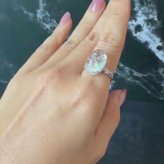 Polished Enhydro Quartz (Herkimer Diamond) S925 Silver Adjustable Ring: Big Rainbow! Moving Sand and Black Bubble Inclusion