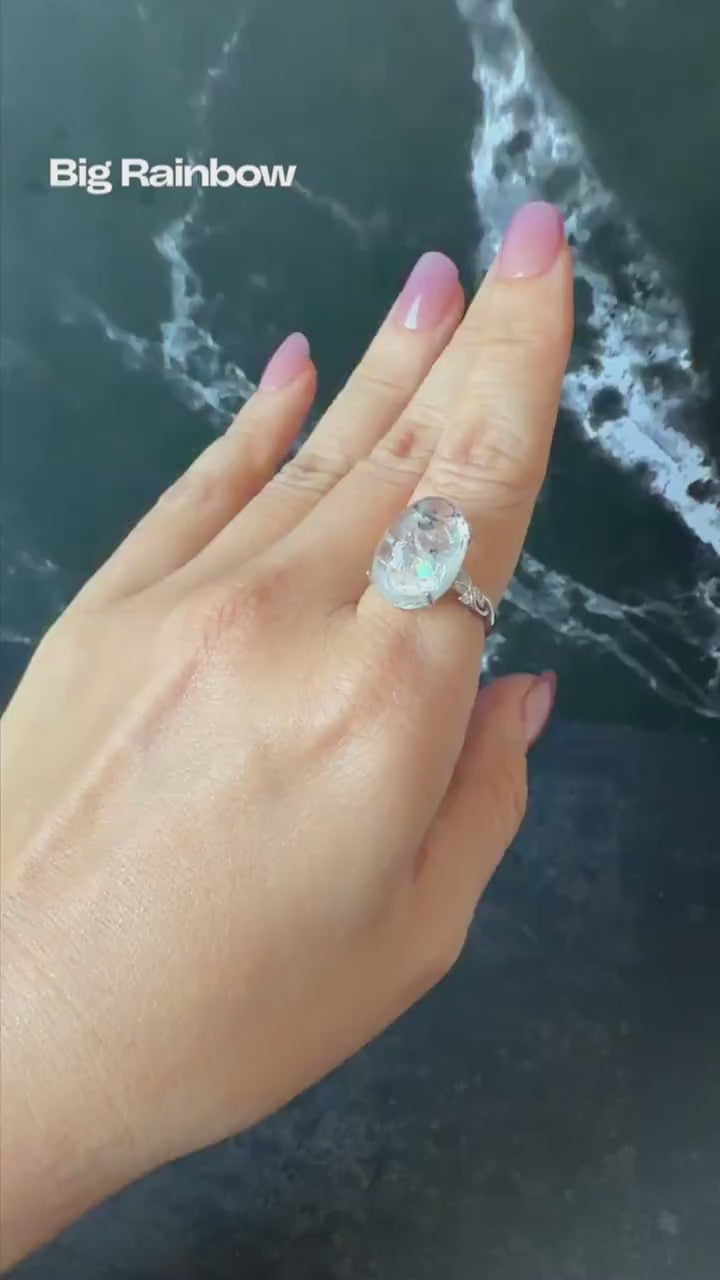 Polished Enhydro Quartz (Herkimer Diamond) S925 Silver Adjustable Ring: Big Rainbow! Moving Sand and Black Bubble Inclusion