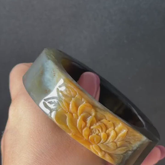 57.5mm Xiu Jade Serpentine Hand Carved Peony Flowers Bangle: Natural Black Jade Handcrafted Bracelet, 3D Stone Carving Gemstone Jewelry