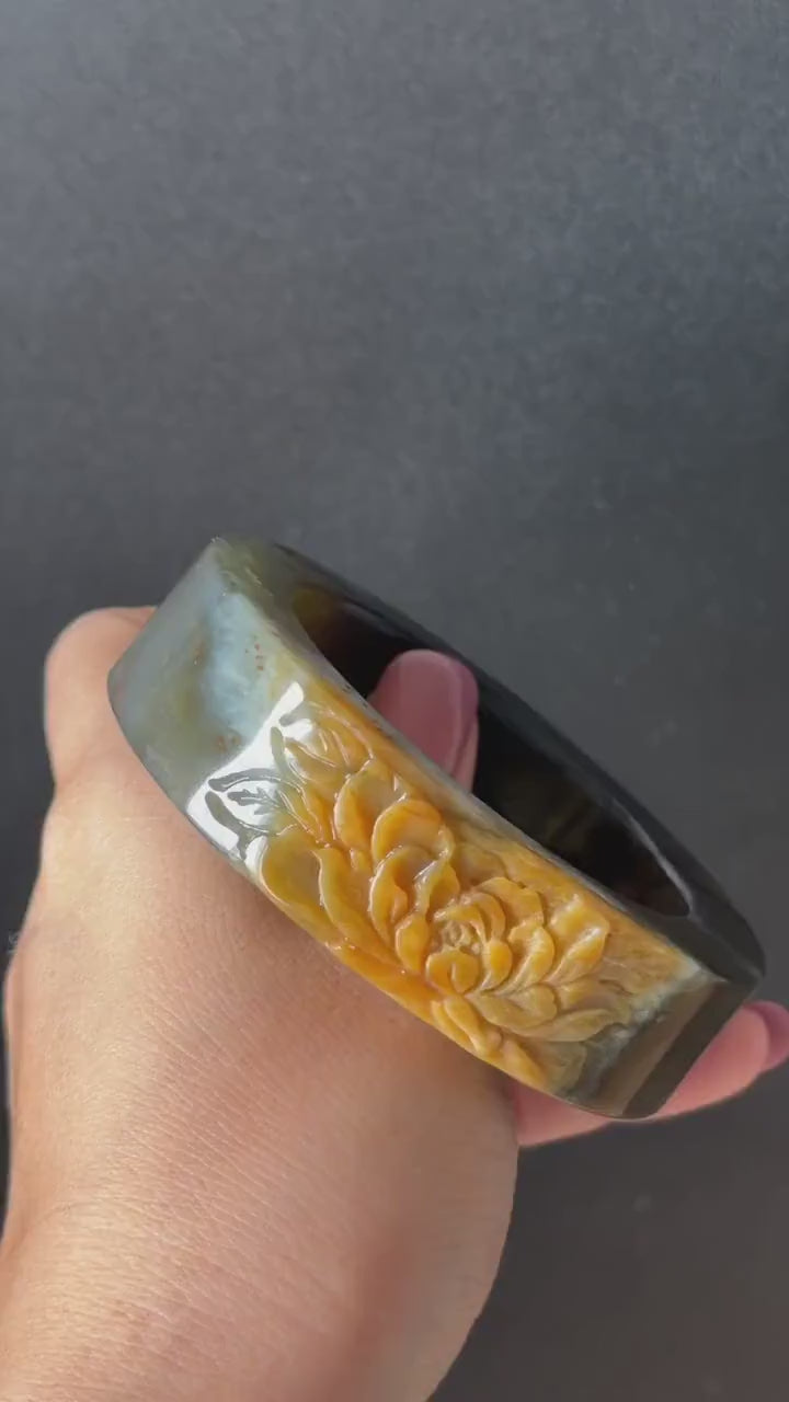 57.5mm Xiu Jade Serpentine Hand Carved Peony Flowers Bangle: Natural Black Jade Handcrafted Bracelet, 3D Stone Carving Gemstone Jewelry