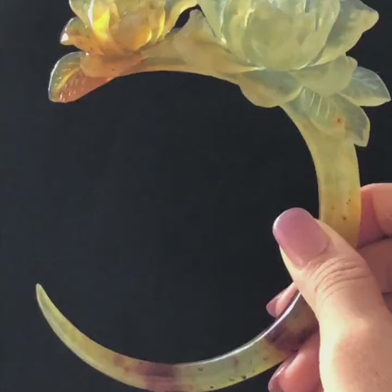 Xiu Jade Serpentine Hand Carved Camellia Flowers & Butterfly Hair Pin: Certified Natural Orange Caramel Yellow Jade Crescent Moon Hair Stick