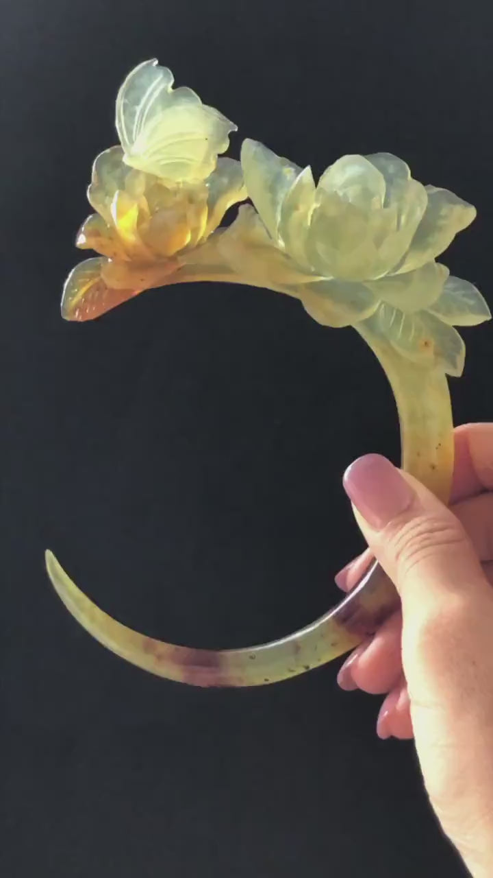 Xiu Jade Serpentine Hand Carved Camellia Flowers & Butterfly Hair Pin: Certified Natural Orange Caramel Yellow Jade Crescent Moon Hair Stick