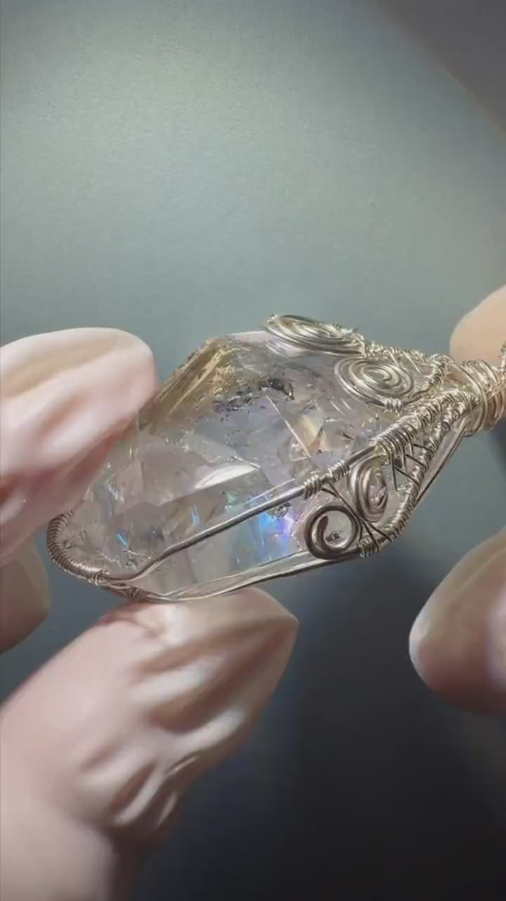 Polished Enhydro Quartz (Herkimer Diamond) Pendant Adjustable Necklace: Big Rainbows! Moving Sand & Black Bubble with Yellow Clay Inclusion