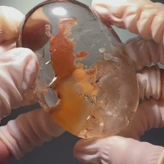 Ultra Rare! Polished Enhydro Quartz Crystal Palm Stone with Moving Red Sand Waterfall & Clear Bubbles Inclusion Crystal