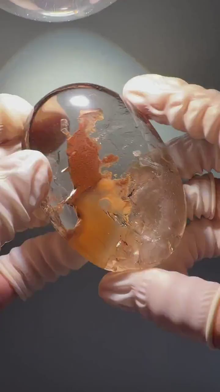 Ultra Rare! Polished Enhydro Quartz Crystal Palm Stone with Moving Red Sand Waterfall & Clear Bubbles Inclusion Crystal