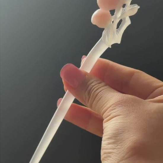 Xiu Jade Serpentine Hand Carved Pink Peach Hair Pin: White & Pink Jade Handcrafted Hair Stick 3D stone carving Hanfu antique Hair Jewelry