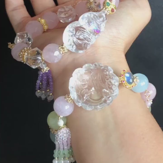 Rainbow Carved Nine-tailed Fox Charm Crystal Bracelets | Rose Quartz, Clear Quartz | Removable Tassel | Wisdom & Love | Personalised Gift